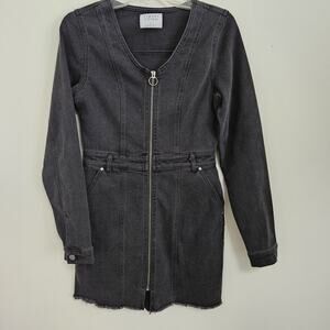 Tinsel Town Black Cotton Blend Denim Front Zipper Long Sleeve Mini Dress Small